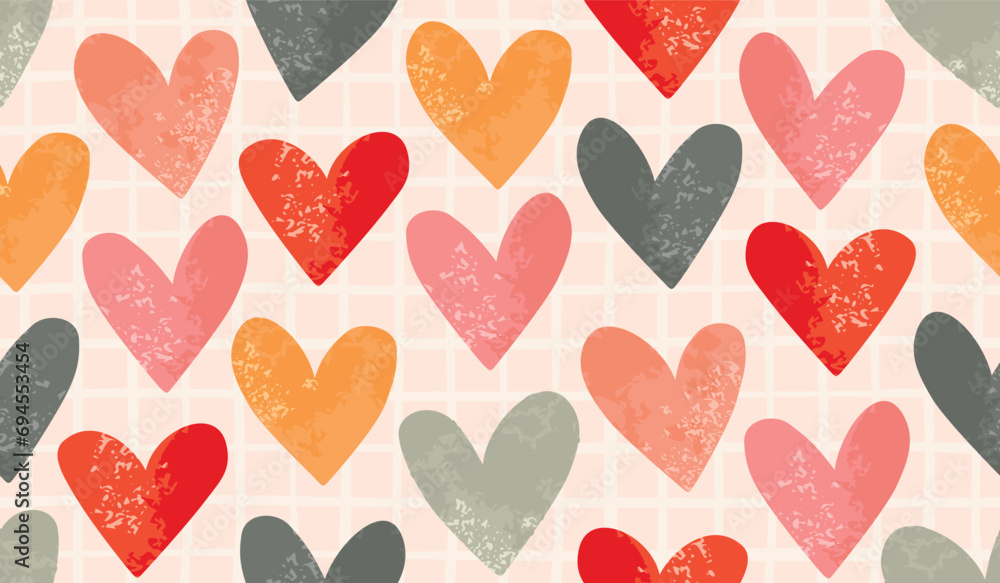 Hand drawn colorful seamless pattern with grange hearts.White cage  background.Pink,yellow and gray colors.Abstract shapes with textures.Print on fabric and paper.Valentine's Day vector illustration.