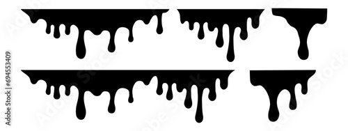 Black melt drops. Flowing liquid dripping from above. Hand drawn liquid paint drops on an isolated background. Flowing, spilling, dripping. Vector illustration EPS 10 photo