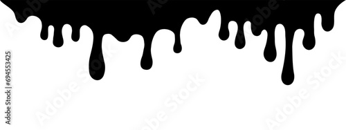 Black melt drops. Flowing liquid dripping from above. Hand drawn liquid paint drops on an isolated background. Flowing, spilling, dripping. Vector illustration EPS 10