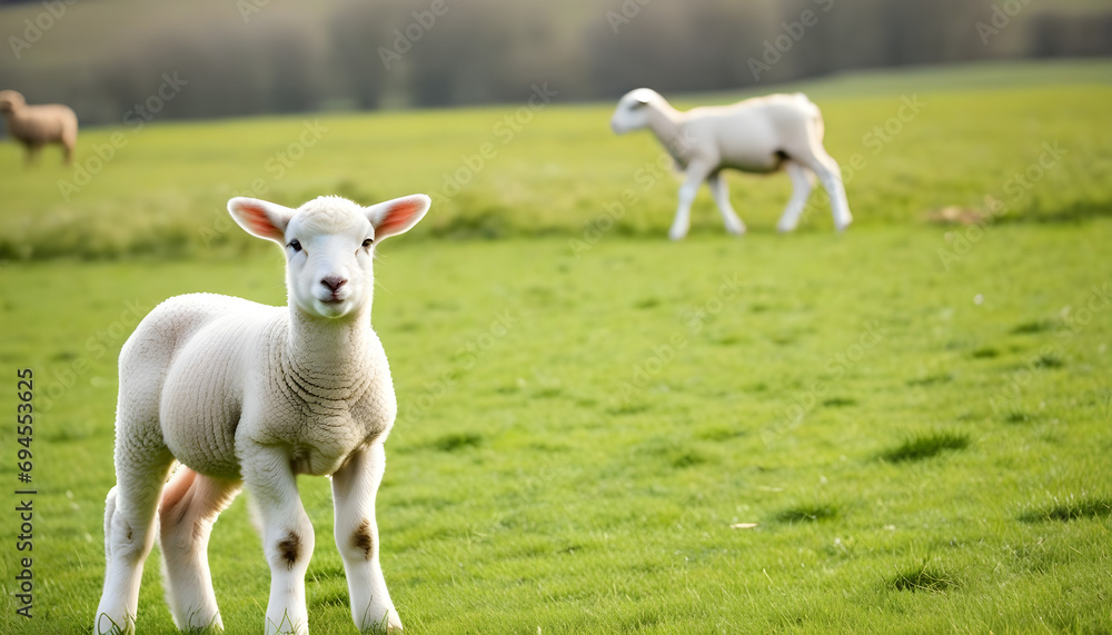 White lamb in field in front of other animals