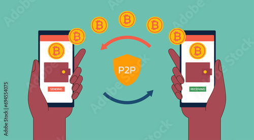 Digital Wallet Progress, Advancing Financial Tech for Peer-to-Peer Mobile Transactions with Bitcoin, Vector Flat Illustration Design
