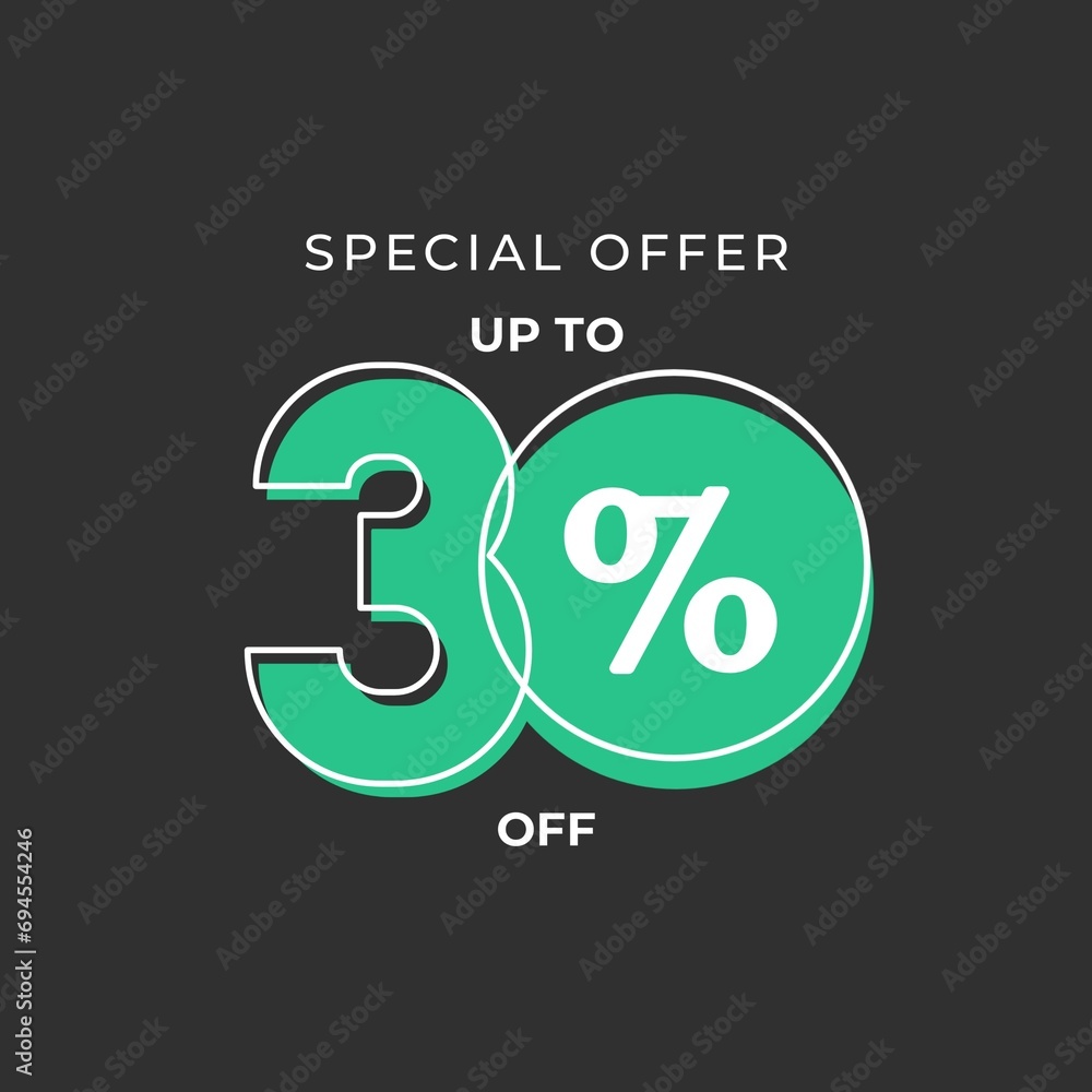 Discount up to 30 percent off Special Offer. Design Illustration. Sale poster isolated on grey background. Discount up to 30 percent off Special Offer. Design Illustration. Sale poster isolated on grey background.