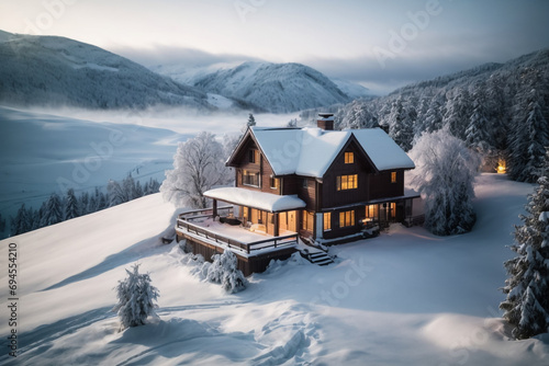"View of house on snow covered land."