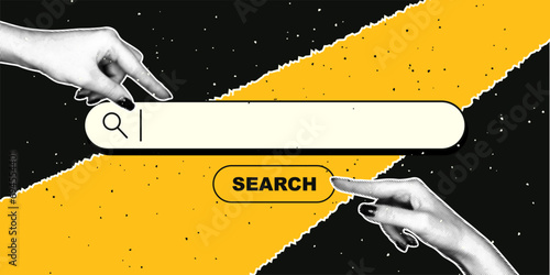 Search bar in retro collage style. Hand with halftone effect. Vector retro modern illustration with dots in pop art style.