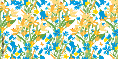 Seamless summer background of blossoming blue bells,cornflowers, yellow daffodils and flying butterflies