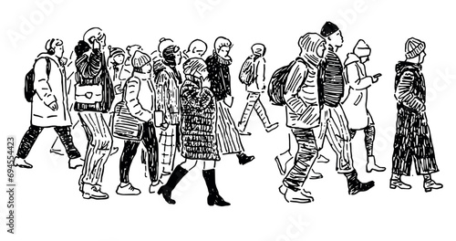 Sketch of crowd casual citizens walking down urban street
