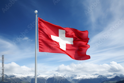 Switzerland Image photo of the national flag, background is blue sky