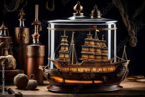 The Intricate Beauty of a Small Ship in a Bottle - A Masterpiece of Artistry and Imagination Encased, Symbolizing the Boundless Spirit of Adventure and the Uncharted Seas of Creativity