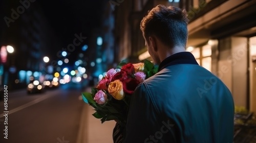 Man with a bouquet of flowers. The guy holds a congratulatory bouquet of flowers for Valentine's Day, birthday, wedding, Mother's Day, Happy March 8th. Evening time in the background