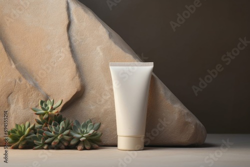Blank white cosmetic skincare makeup containers. 3D Render, Natural organic cosmetic packaging plastic mockup with leaves and flowers. Mock-up bottle for branding and label, cosmetic product present