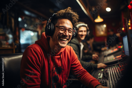 young man with a tousled hairstyle and a warm smile, wearing headphones and a red hoodie, situated in a dimly lit recording studio. Generative AI