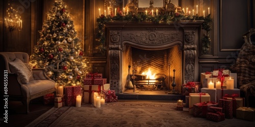 Elegant holiday apartments adorned with festive decorations, including a Christmas tree and gifts. Enjoying a cozy evening by the fireplace, illuminated by candlelight and garlands.