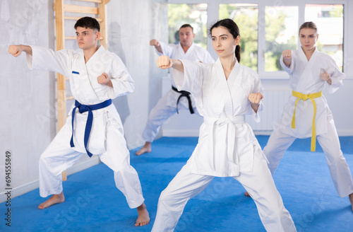Group of male and female karateists practicing karate techniques in gym..