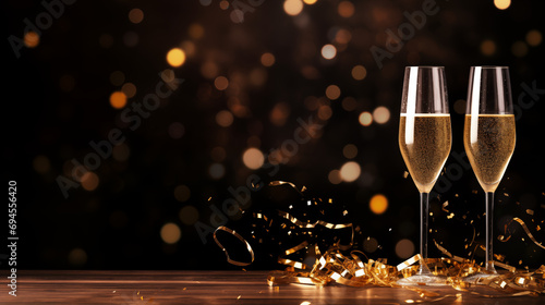 Elegant New Year background, champagne glasses, golden confetti, sophisticated celebration, widescreen