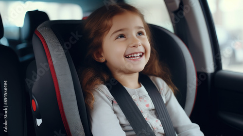 small kid, boy or girl sitting on a child seat in a car, fastened with belts, travel, road trip, traffic rules, safety, smiling baby, technology, passenger, joyful face, emotional portrait, window © Julia Zarubina
