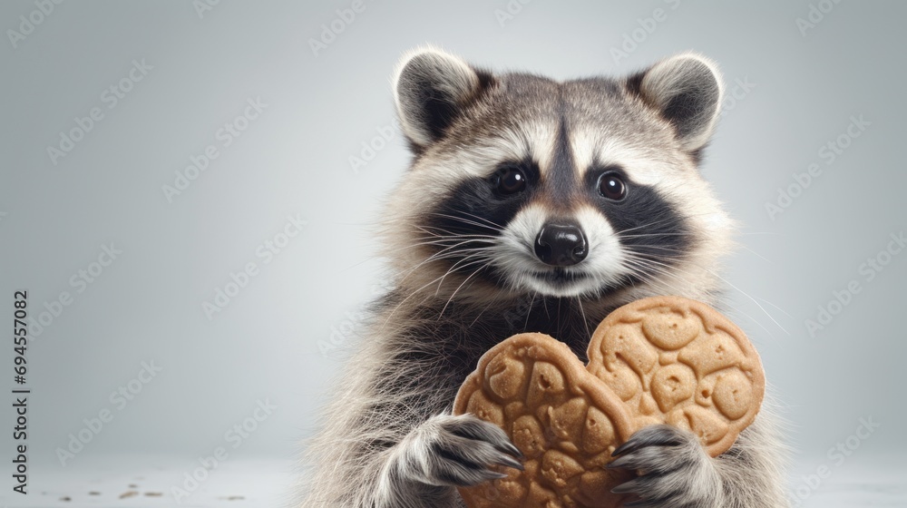 A raccoon caught in the act, holding a cookie with a surprised expression. On light background. With copy space. Cookie Thief. Cute animal. Perfect for snack ads or funny animal images. - obrazy, fototapety, plakaty 