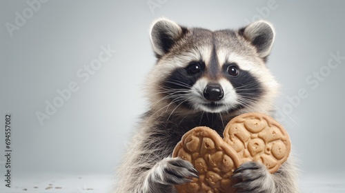 A raccoon caught in the act, holding a cookie with a surprised expression. On light background. With copy space. Cookie Thief. Cute animal. Perfect for snack ads or funny animal images.