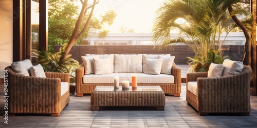 Outdoor wicker furniture set includes cozy sofa, armchairs, pillows, and coffee table. photo