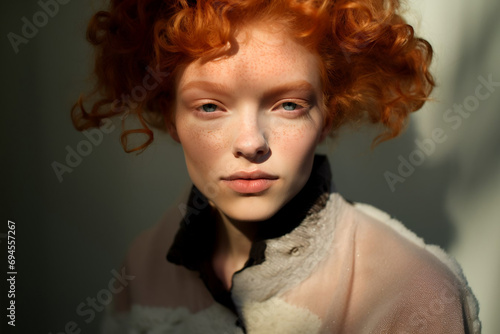 A close up portrait of a woman with red hair and natural make-up