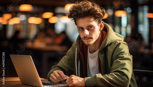 Cityscape Retreat: Young Man with Laptop in Café