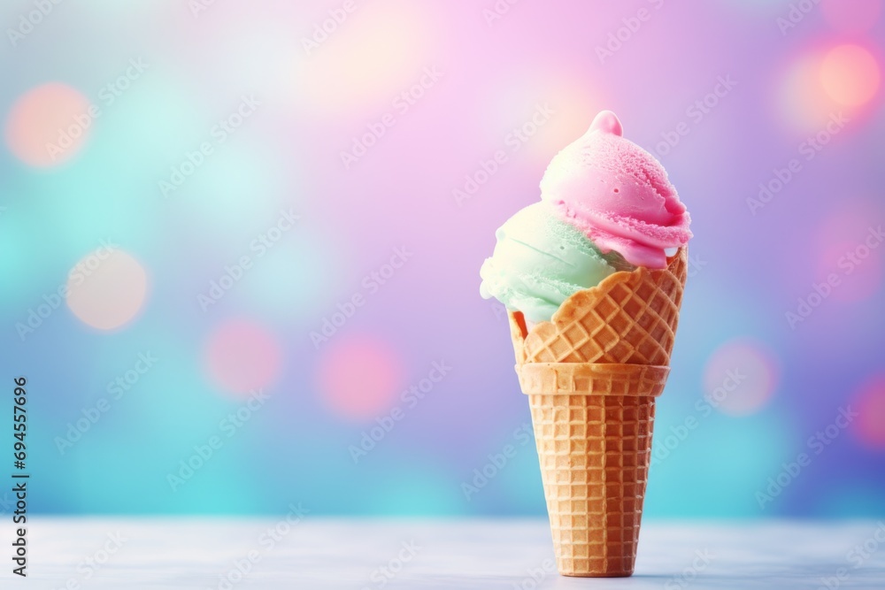 A close-up of a waffle cone with pink and green ice cream scoops against a colorful bokeh background. Ideal for ads, menus, or summer promotions. A close-up of a waffle cone with pink and green ice cream scoops against a colorful bokeh background. Ideal for ads, menus, or summer promotions.