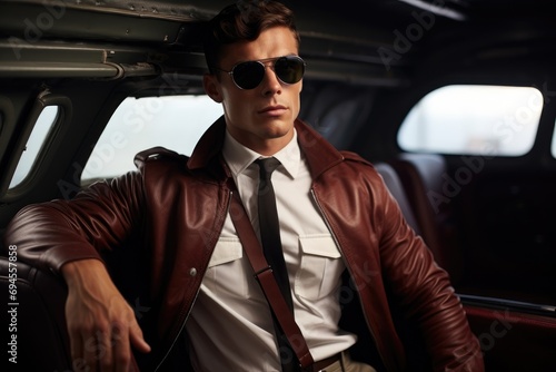 Male model in classic pilot attire with aviator sunglasses © furyon