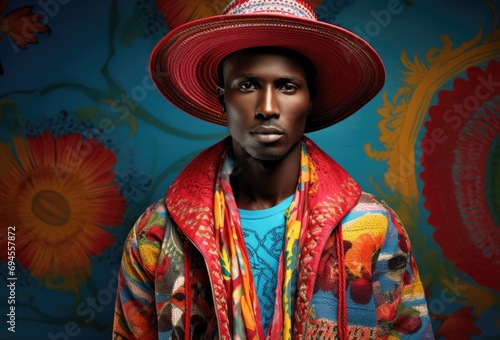 Male model in ethnic-inspired fashion with vibrant prints
