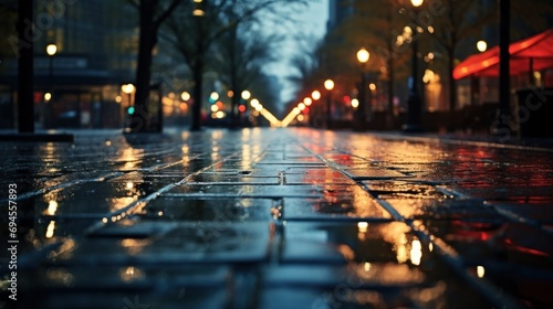 A wet sidewalk with lights on at night time, AI
