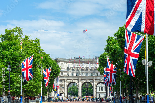 Admiralty Arch with Union Jack flags marking Queen Elizabeth II Platinum Jubilee on 3 June 2022, London, England photo