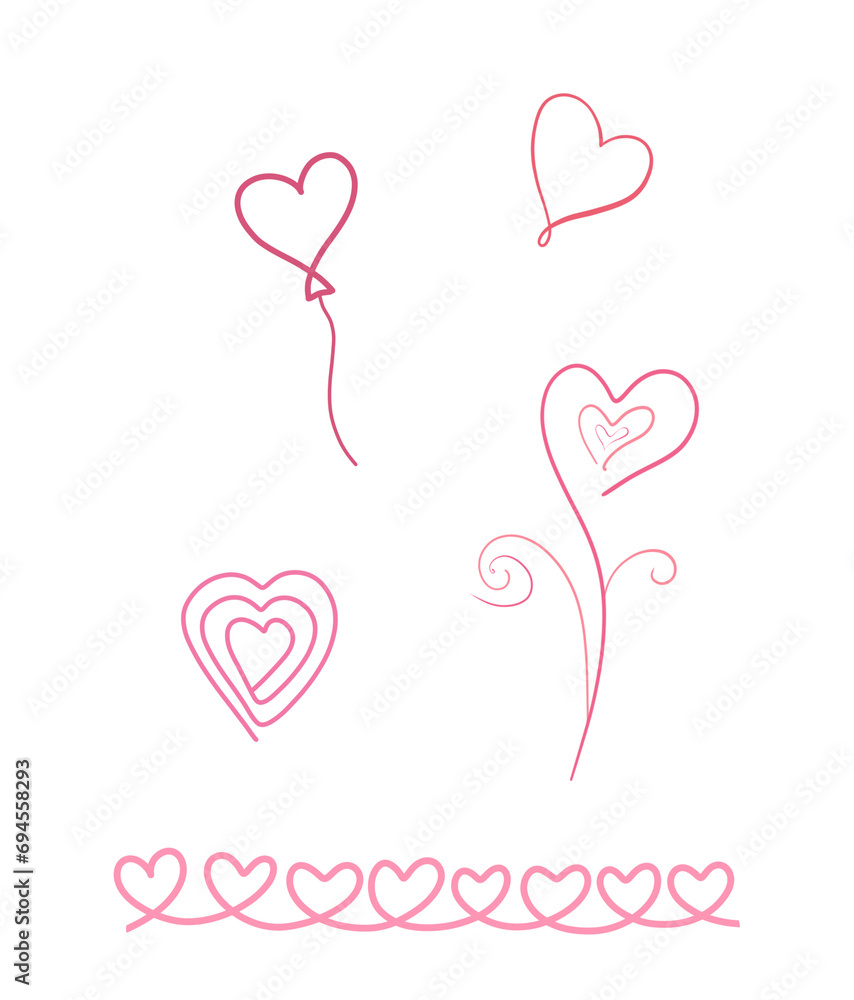 Hearts design elements. Love theme stickers. Valentine`s day pink and red different elements on transparent background.