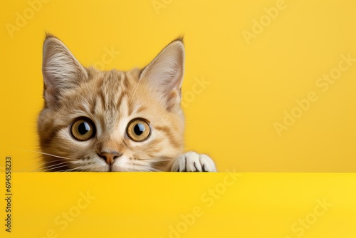 adorable young tabby ginger cat peeking out against a bright yellow background