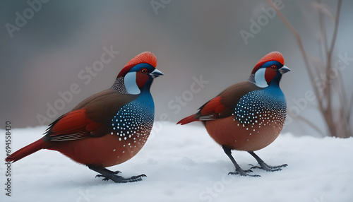 Chongqing mountain Wang Ping ecological protection zone in winter -two red tragopan standing on the snow