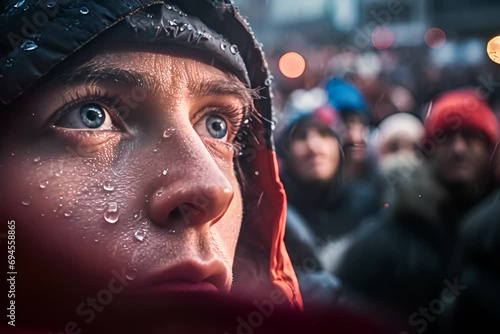 close-up of a person's face with water droplets on their skin, highlighting their clear blue eyes, against a blurred crowd background. photo