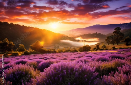 sunrise over the valley filled with lavender