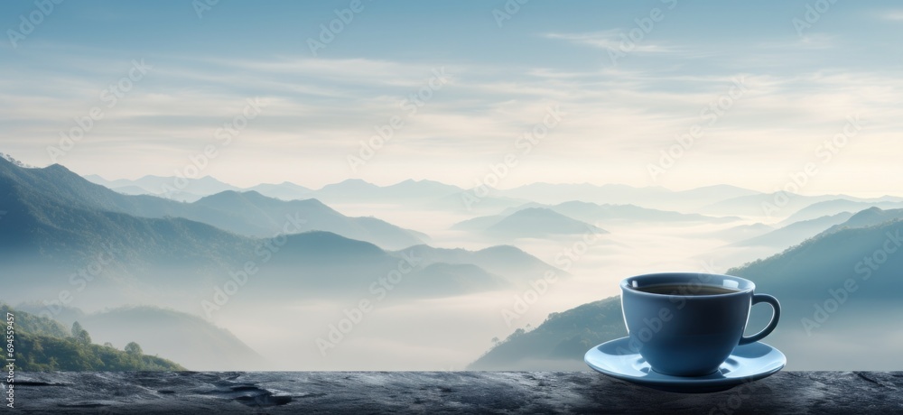 the top of a mountain in the distance is represented by a cup of tea