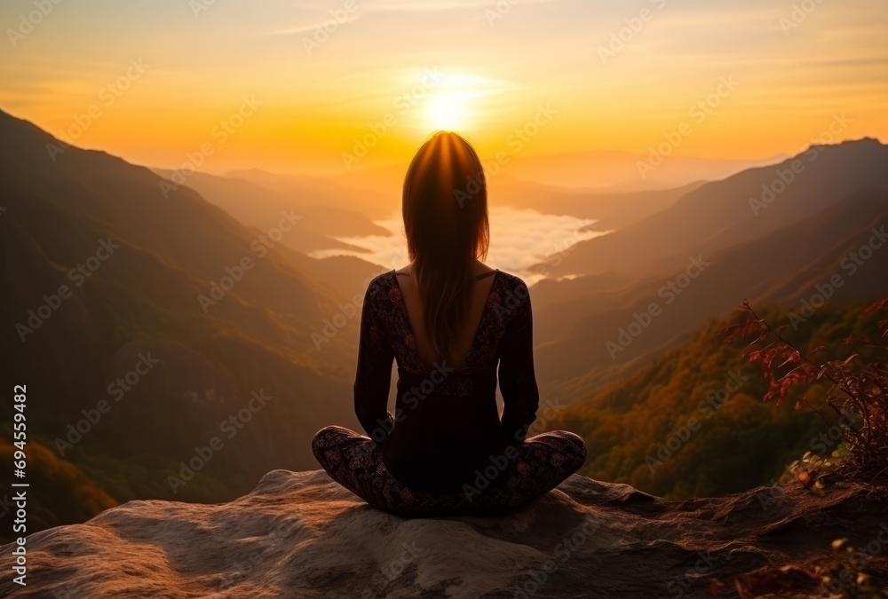 the woman is meditating at sunset on the top of a mountain