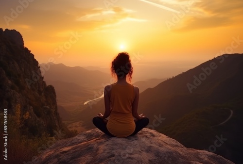 the woman is meditating at sunset on the top of a mountain