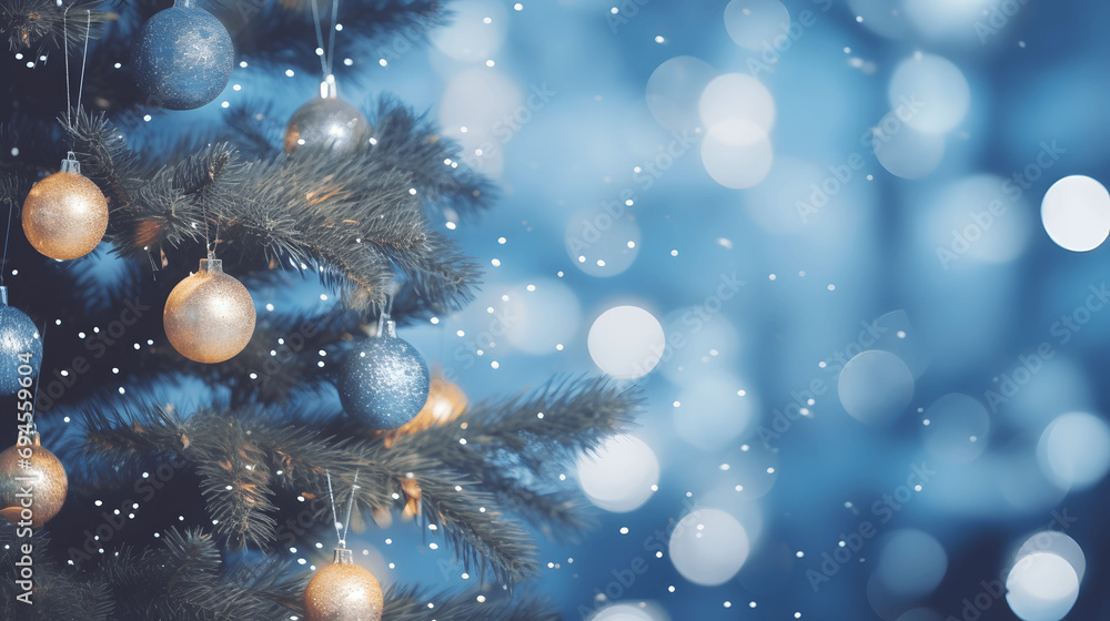 Christmas tree with blue ornaments and glittering bokeh lights on real fir branches