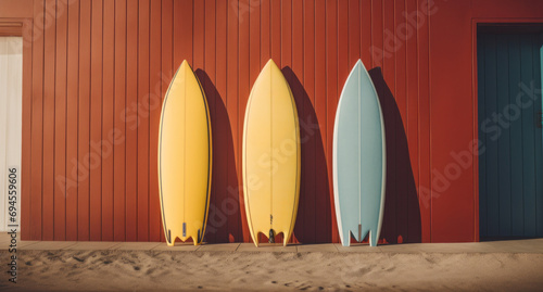 three surfboards against a yellow wall