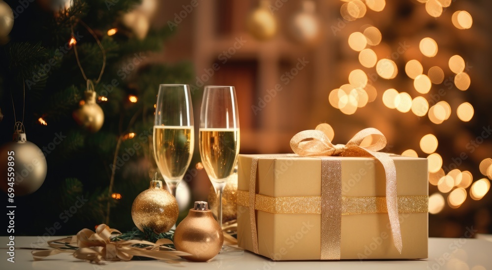 champagne glasses, champagne and gift boxes on a table with christmas tree