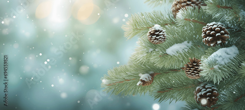 Natural-themed christmas branches with pine cones and soft green bokeh light background