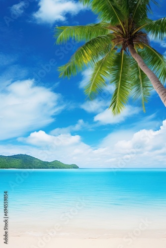 Vivid vacation background with turquoise waters, palm-fringed beaches, and a sprawling sky, offering inviting copy space