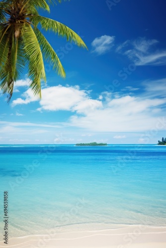 Vivid vacation background with turquoise waters, palm-fringed beaches, and a sprawling sky, offering inviting copy space
