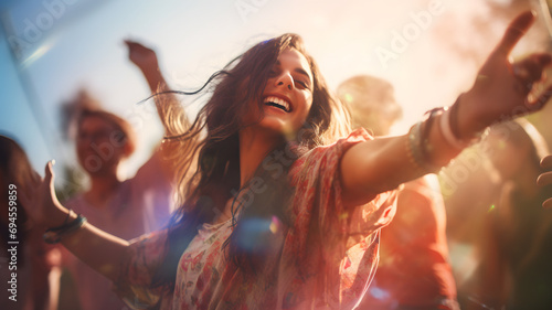 happy young  woman dancing and laughing at an outdoor party.  photo