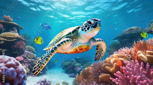 turtle swimming in water with coral © ArtCookStudio
