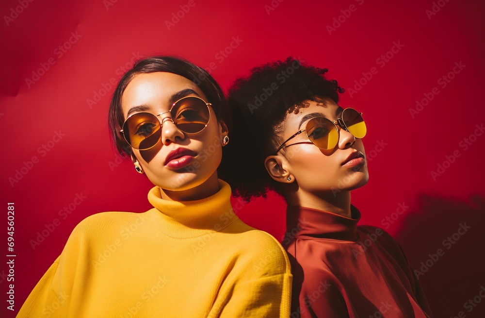 two young women wearing sunglasses stand on a yellow background