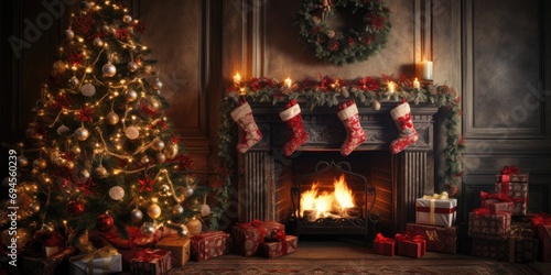 Festive holiday background with a decorated tree and fireplace.
