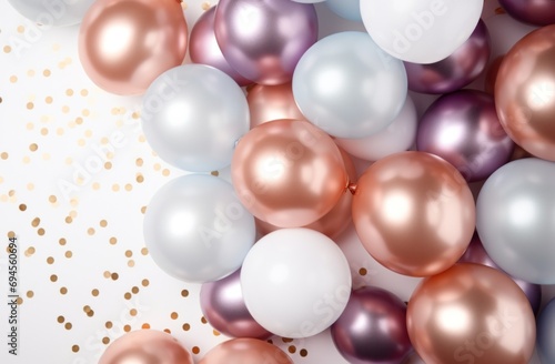 white background with pink, silver and blue balloons