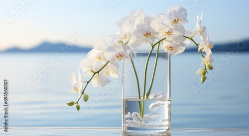white orchid flower in a vase in an ocean view
