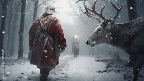 Cinematic Santa and Reindeer in Lapland snowy forest, pine trees